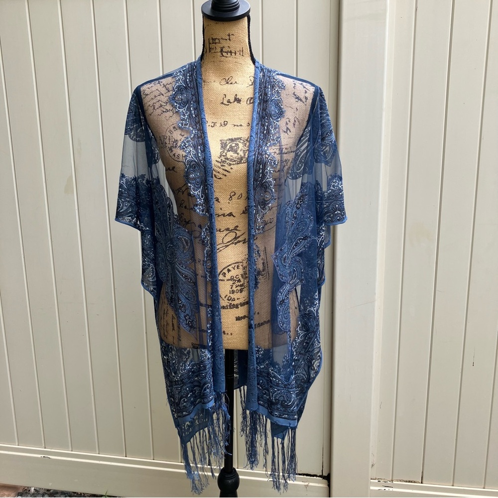 women's Shawl sheer crochet blue lace whimsigoth fairy eurosummer statement